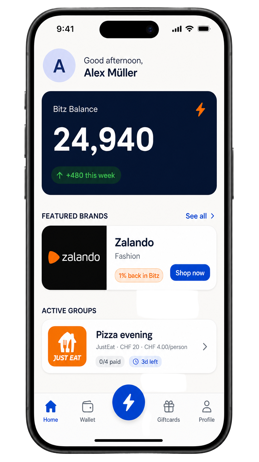 Bitzly App — Home mit Bitz Balance